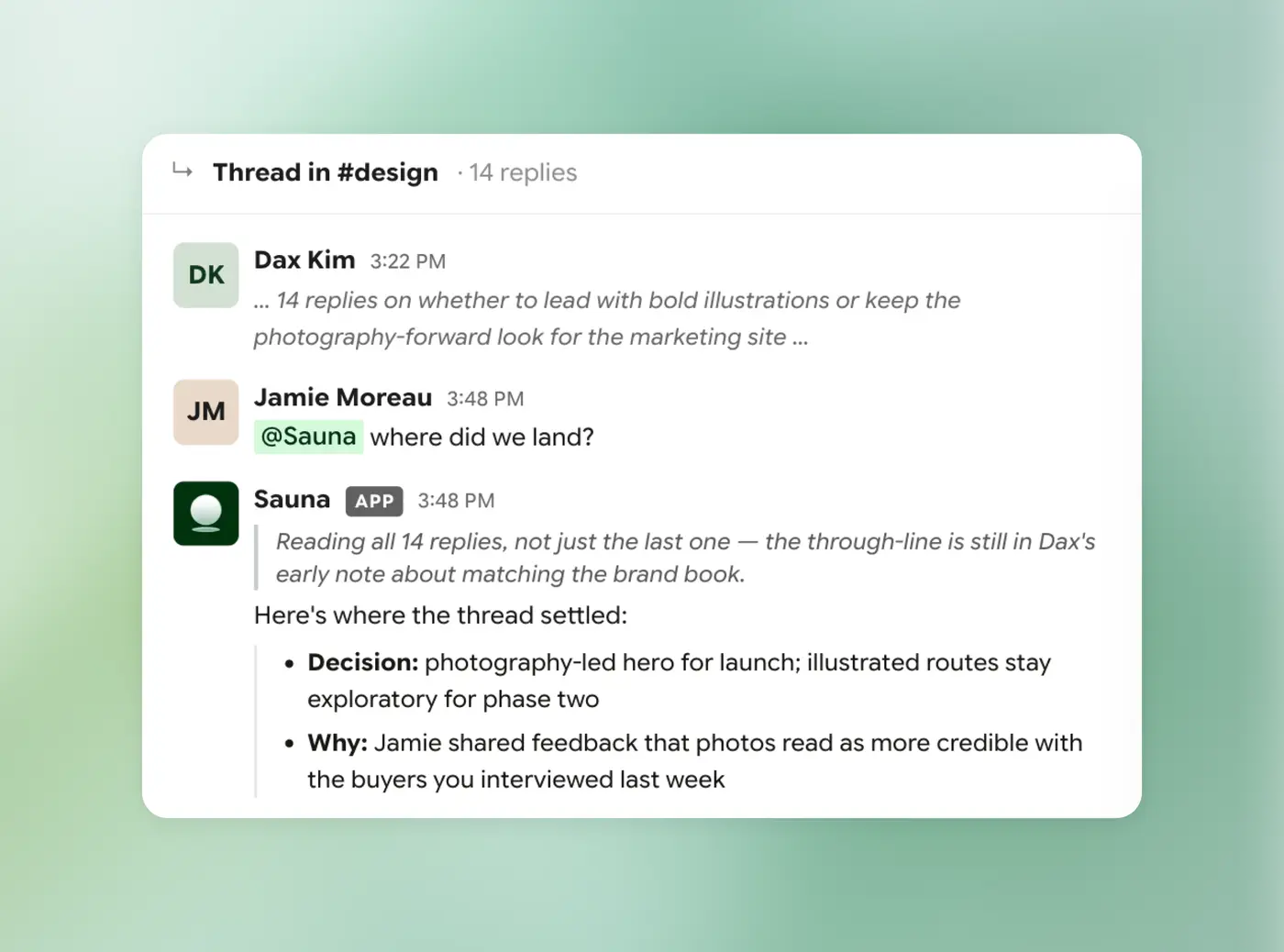Obvio participating in a Slack design thread